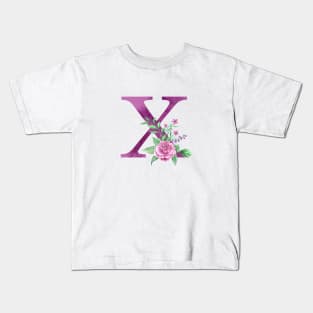 Floral Monogram X Beautiful Rose Bouquet Kids T-Shirt